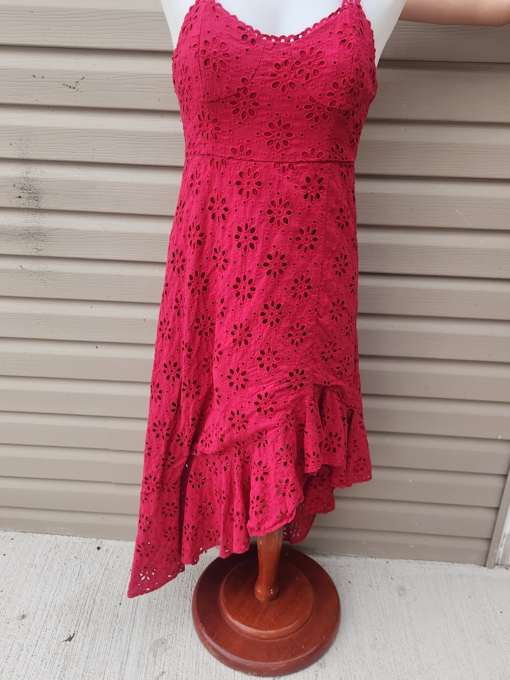 Lulu's Crimson Eyelet Asymmetrical Midi Dress Medium - Picture 9 of 15